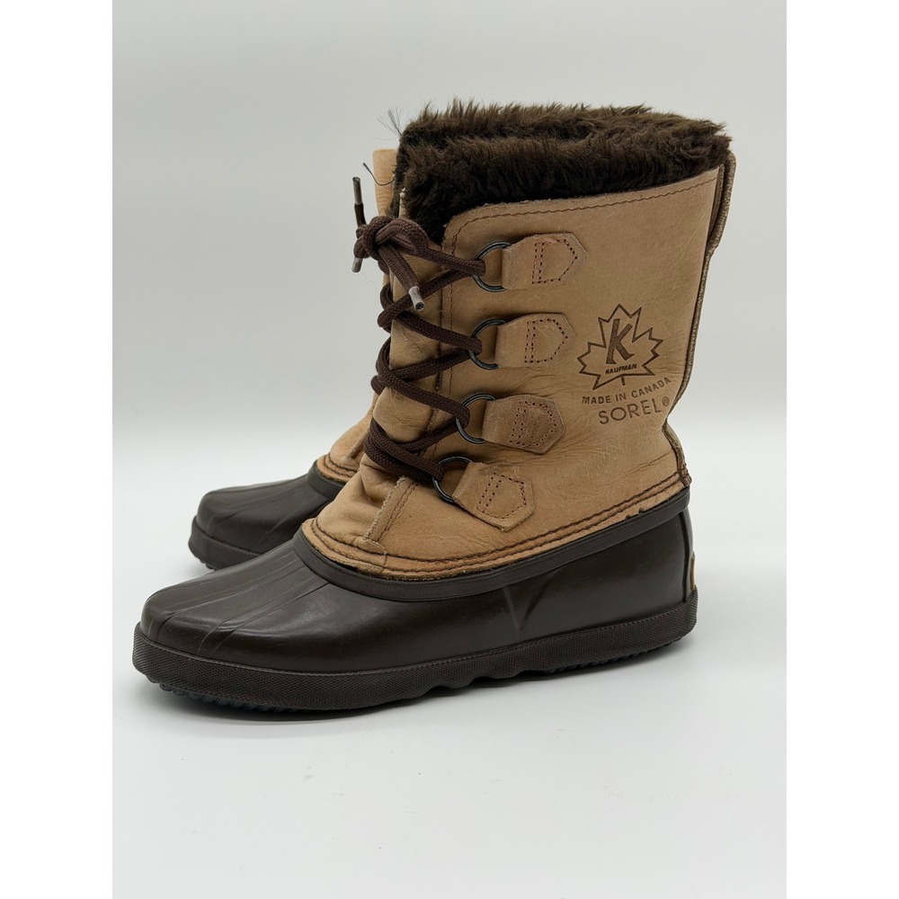 Vintage Sorel Kaufman Women 5 Winter Boots Tan Leather‎ Rubber Duck Snow Canada